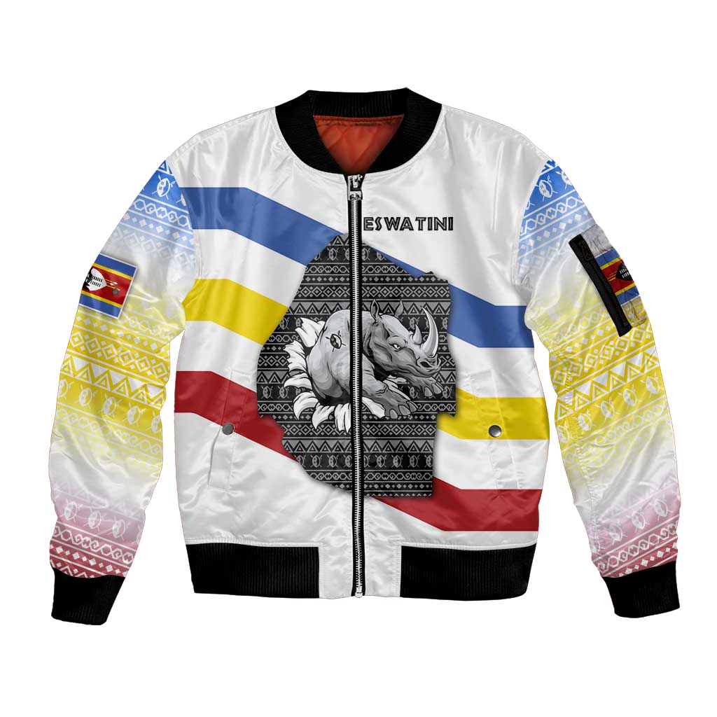 Eswatini Rhino Sleeve Zip Bomber Jacket with African Map and Traditional Swazi Flag Patterns