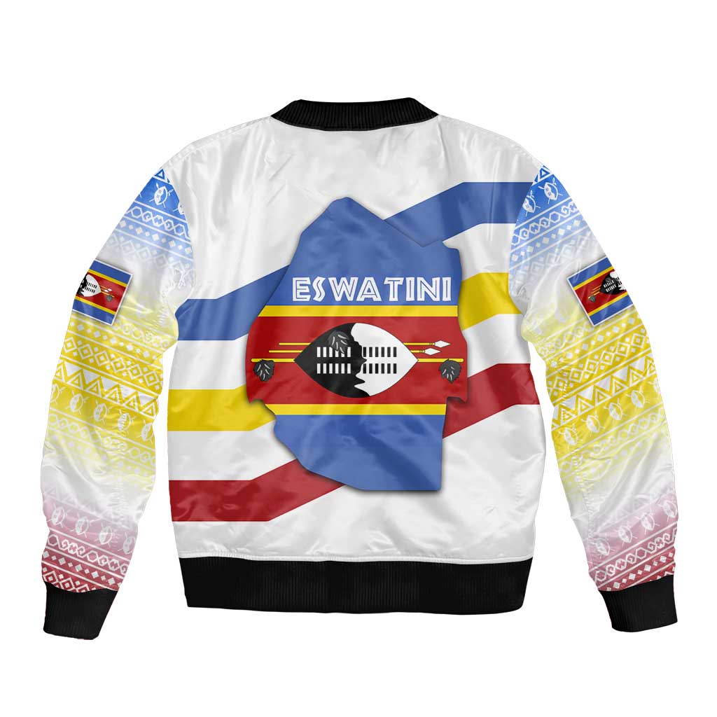 Eswatini Rhino Sleeve Zip Bomber Jacket with African Map and Traditional Swazi Flag Patterns