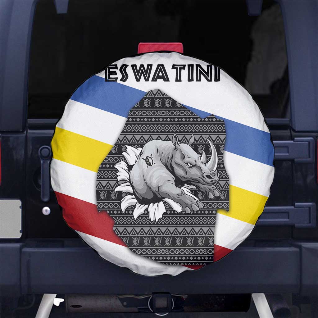 Eswatini Rhino Spare Tire Cover with African Map and Traditional Swazi Flag Patterns