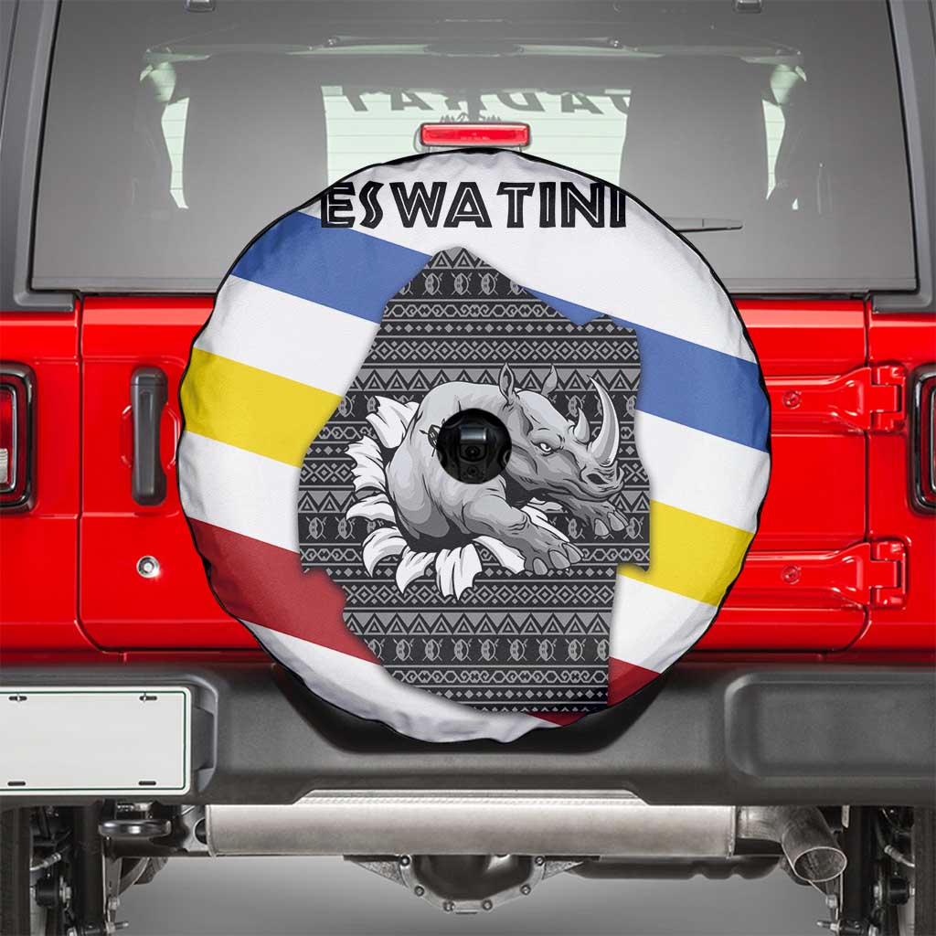 Eswatini Rhino Spare Tire Cover with African Map and Traditional Swazi Flag Patterns