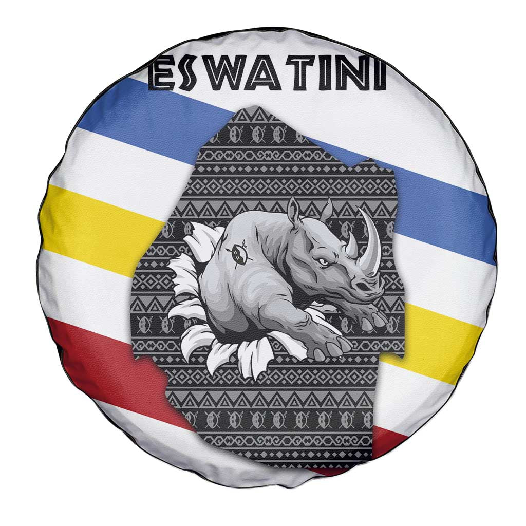 Eswatini Rhino Spare Tire Cover with African Map and Traditional Swazi Flag Patterns