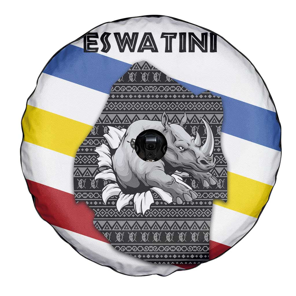 Eswatini Rhino Spare Tire Cover with African Map and Traditional Swazi Flag Patterns