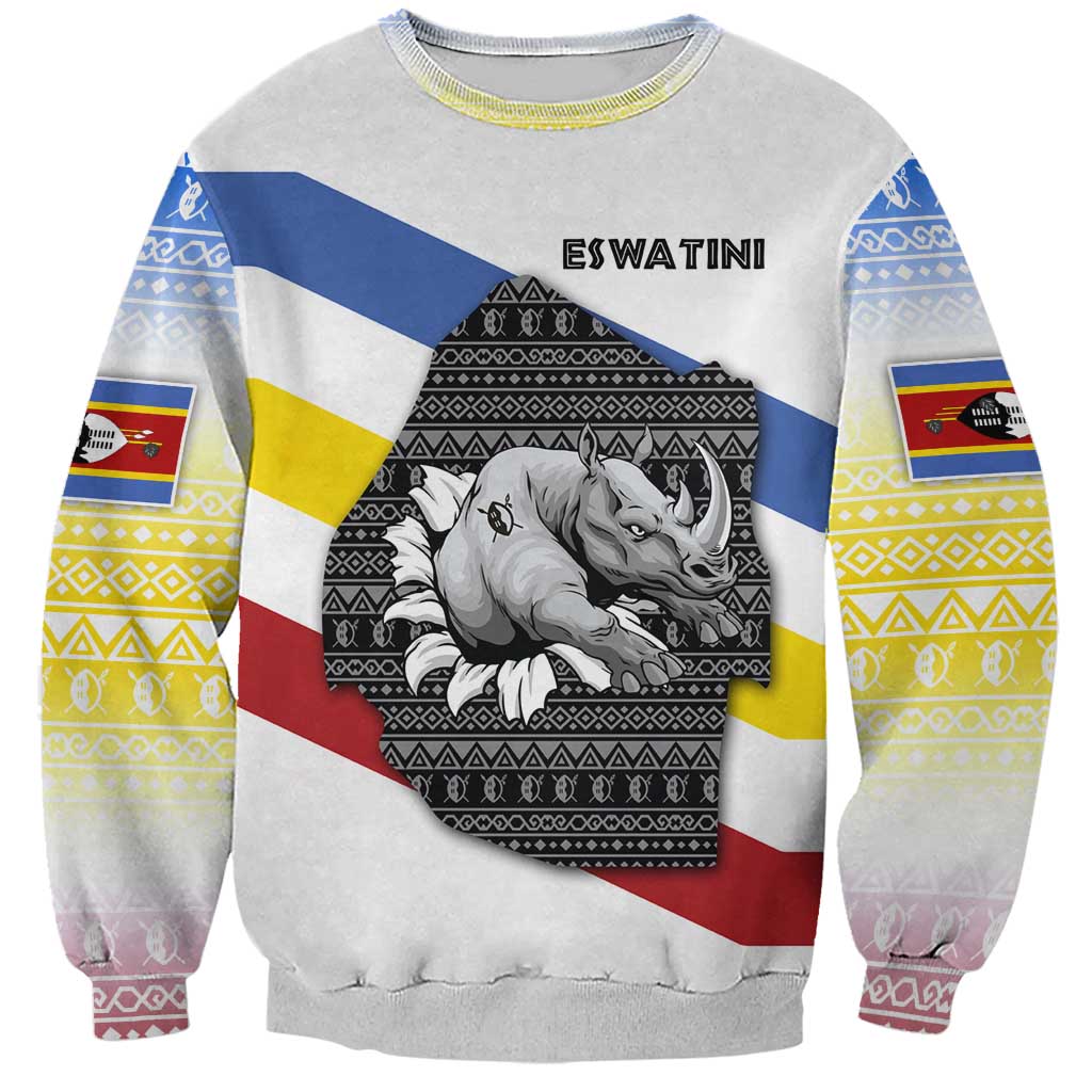 Eswatini Rhino Sweatshirt with African Map and Traditional Swazi Flag Patterns