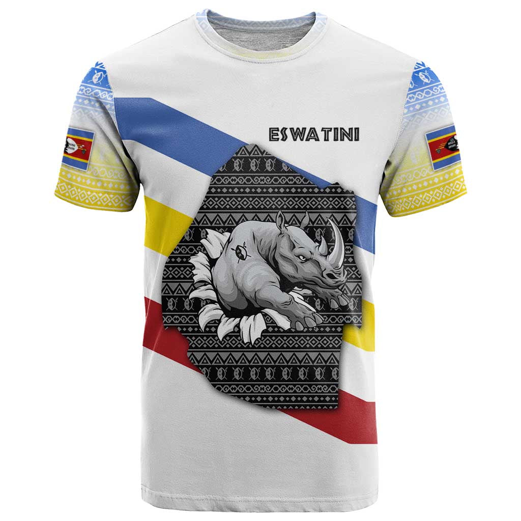 Eswatini Rhino T Shirt with African Map and Traditional Swazi Flag Patterns