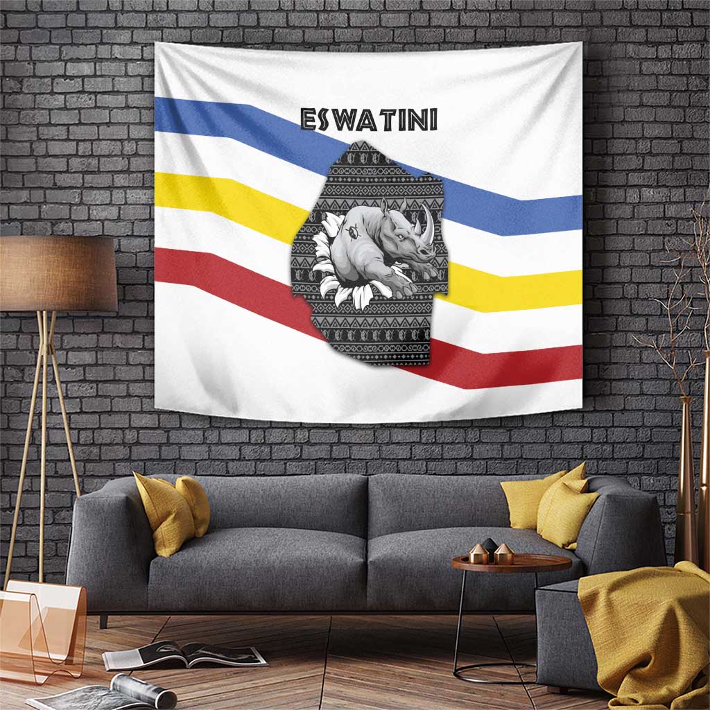 Eswatini Rhino Tapestry with African Map and Traditional Swazi Flag Patterns