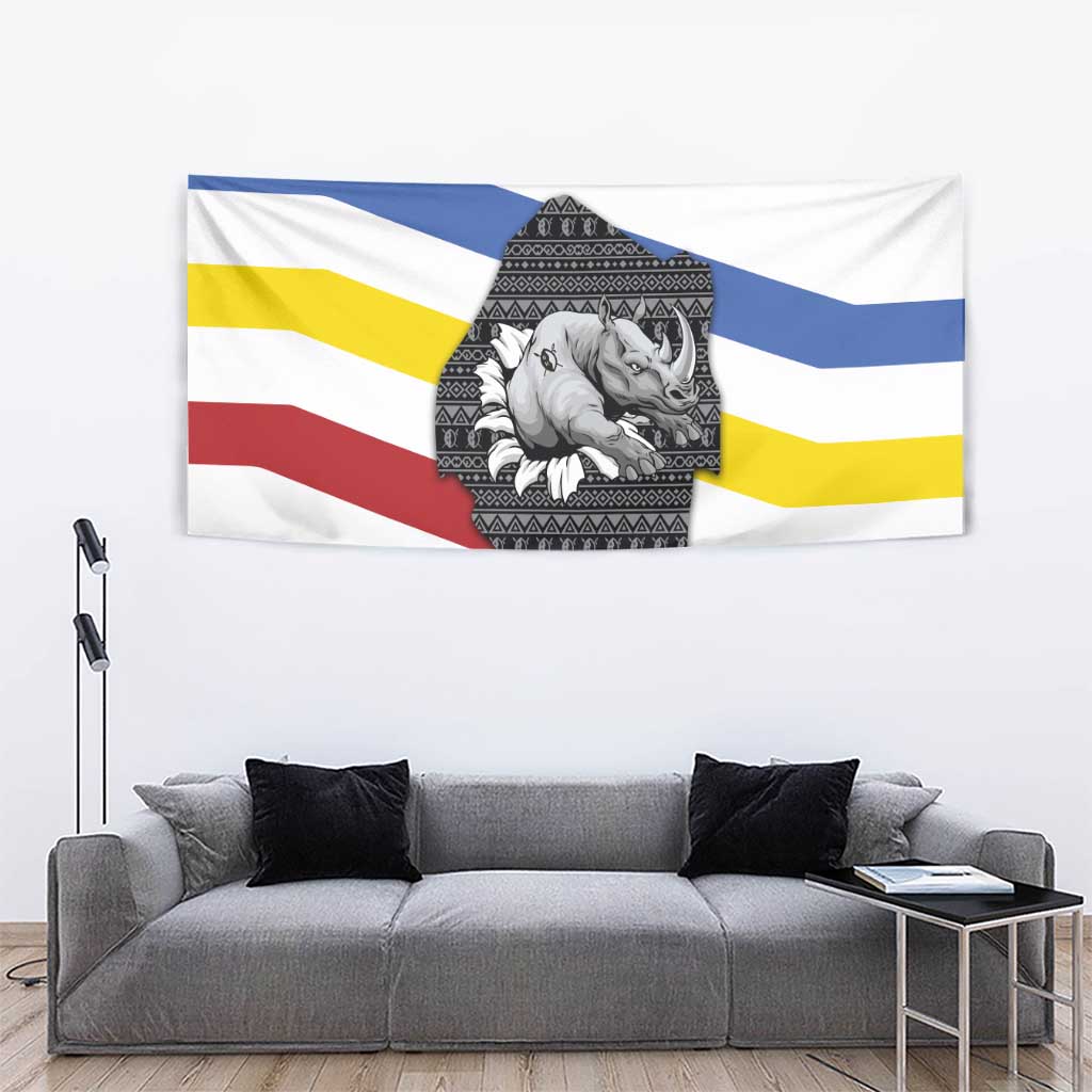Eswatini Rhino Tapestry with African Map and Traditional Swazi Flag Patterns