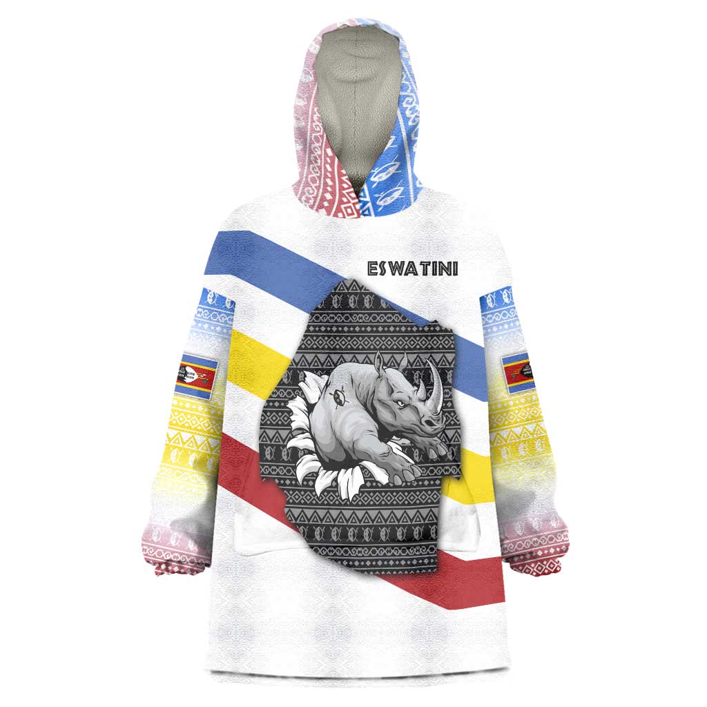 Eswatini Rhino Wearable Blanket Hoodie with African Map and Traditional Swazi Flag Patterns