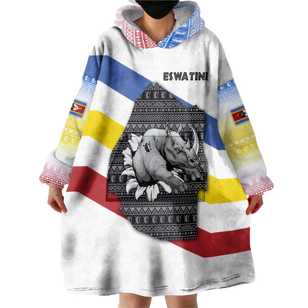 Eswatini Rhino Wearable Blanket Hoodie with African Map and Traditional Swazi Flag Patterns