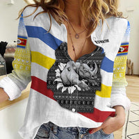 Eswatini Rhino Women Casual Shirt with African Map and Traditional Swazi Flag Patterns