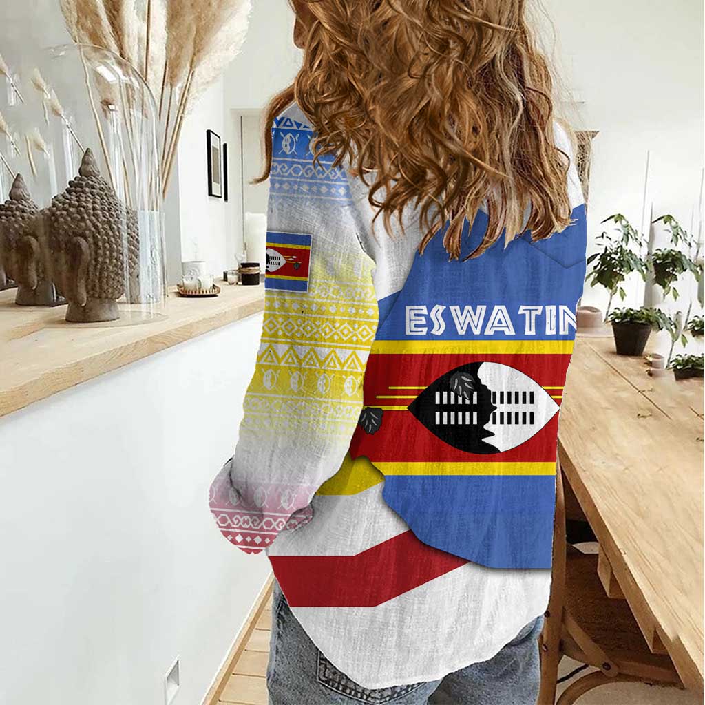 Eswatini Rhino Women Casual Shirt with African Map and Traditional Swazi Flag Patterns