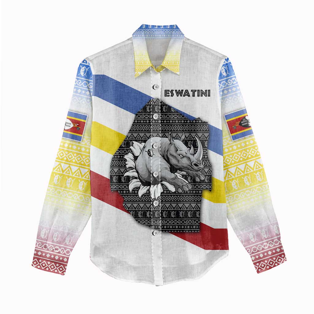 Eswatini Rhino Women Casual Shirt with African Map and Traditional Swazi Flag Patterns