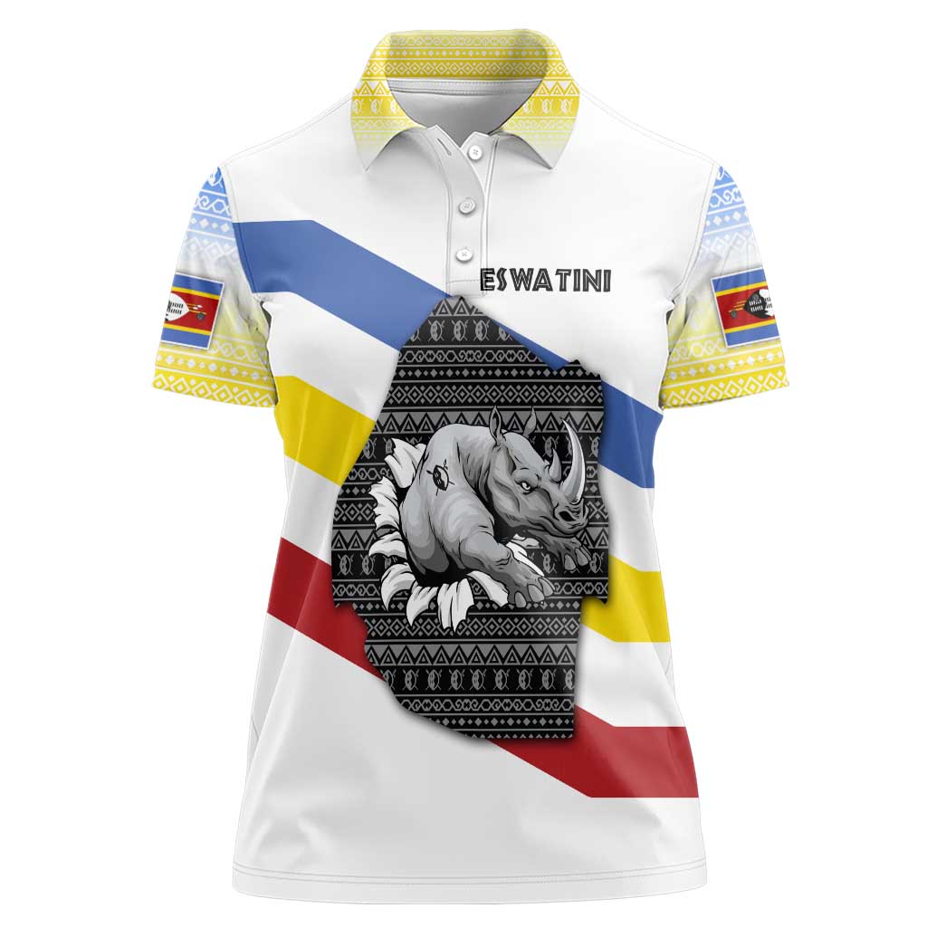 Eswatini Rhino Women Polo Shirt with African Map and Traditional Swazi Flag Patterns