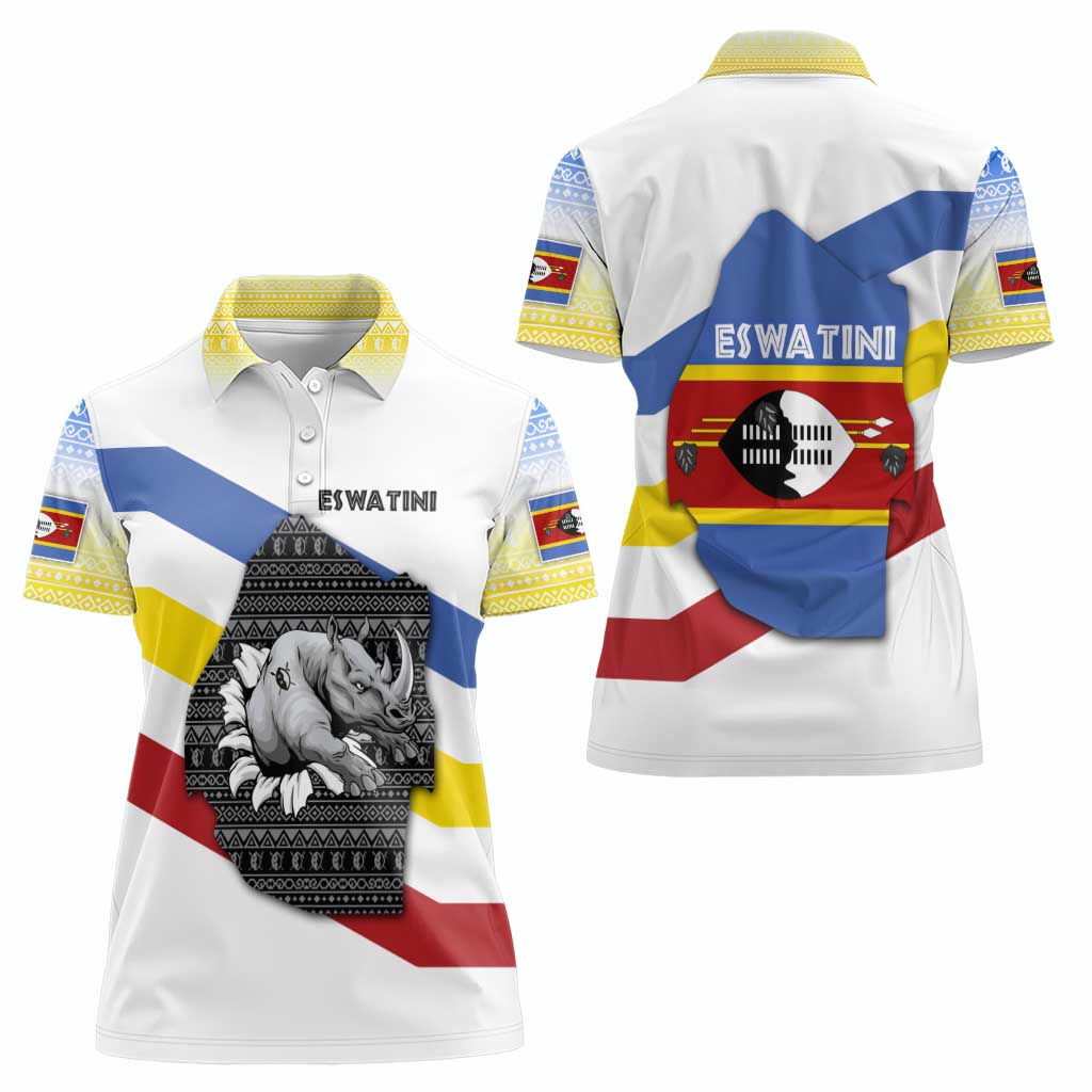 Eswatini Rhino Women Polo Shirt with African Map and Traditional Swazi Flag Patterns