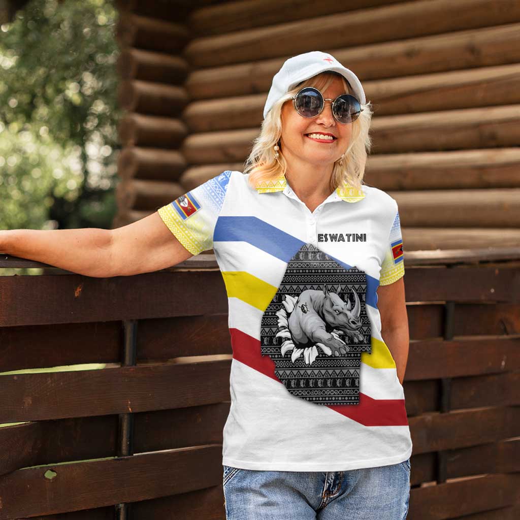 Eswatini Rhino Women Polo Shirt with African Map and Traditional Swazi Flag Patterns