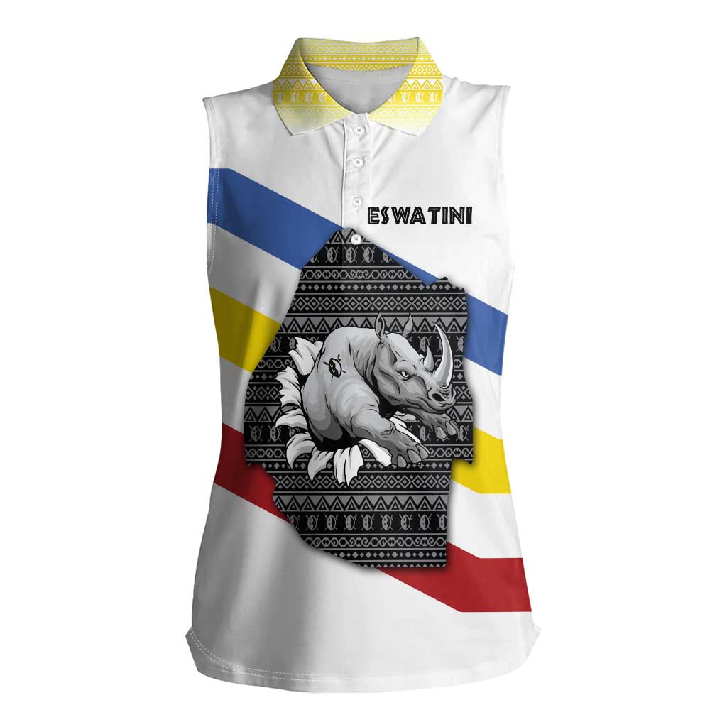 Eswatini Rhino Women Sleeveless Polo Shirt with African Map and Traditional Swazi Flag Patterns