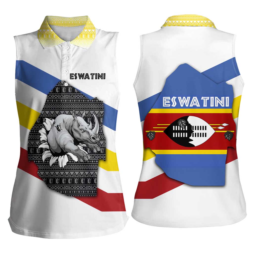 Eswatini Rhino Women Sleeveless Polo Shirt with African Map and Traditional Swazi Flag Patterns