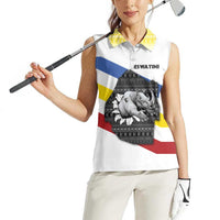 Eswatini Rhino Women Sleeveless Polo Shirt with African Map and Traditional Swazi Flag Patterns