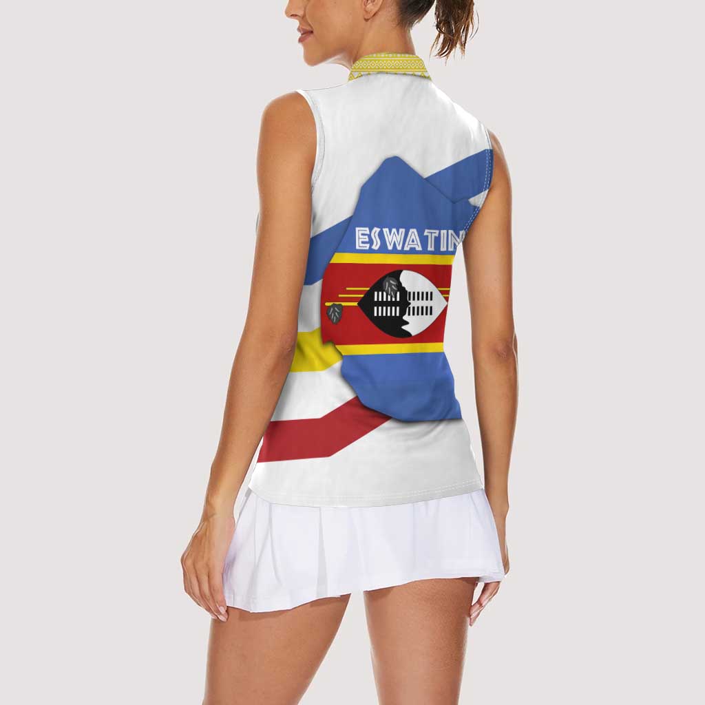 Eswatini Rhino Women Sleeveless Polo Shirt with African Map and Traditional Swazi Flag Patterns
