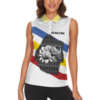 Eswatini Rhino Women Sleeveless Polo Shirt with African Map and Traditional Swazi Flag Patterns