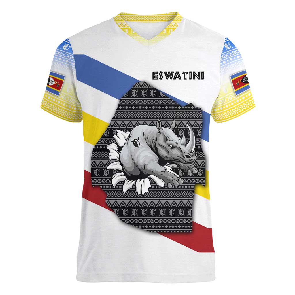 Eswatini Rhino Women V-Neck T-Shirt with African Map and Traditional Swazi Flag Patterns