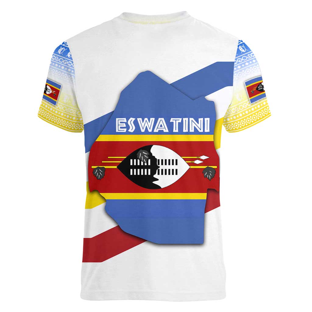 Eswatini Rhino Women V-Neck T-Shirt with African Map and Traditional Swazi Flag Patterns