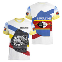 Eswatini Rhino Women V-Neck T-Shirt with African Map and Traditional Swazi Flag Patterns