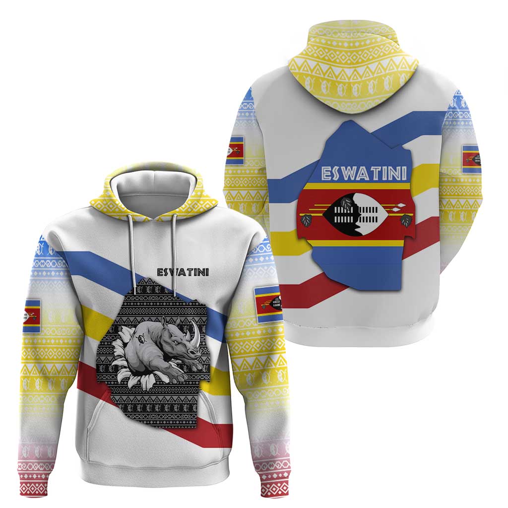 Eswatini Rhino Zip Hoodie with African Map and Traditional Swazi Flag Patterns