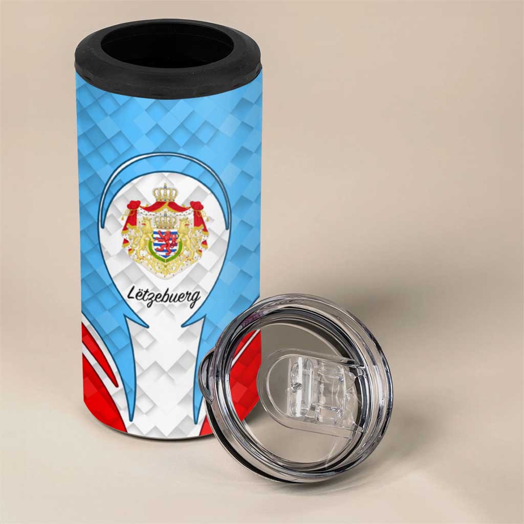Luxembourg 4 in 1 Can Cooler Tumbler with National Coat of Arms and Letzebuerg Text Design