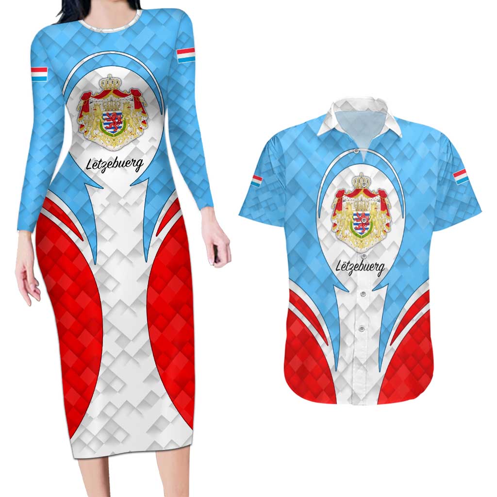 Luxembourg Couples Matching Long Sleeve Bodycon Dress and Hawaiian Shirt with National Coat of Arms and Letzebuerg Text Design