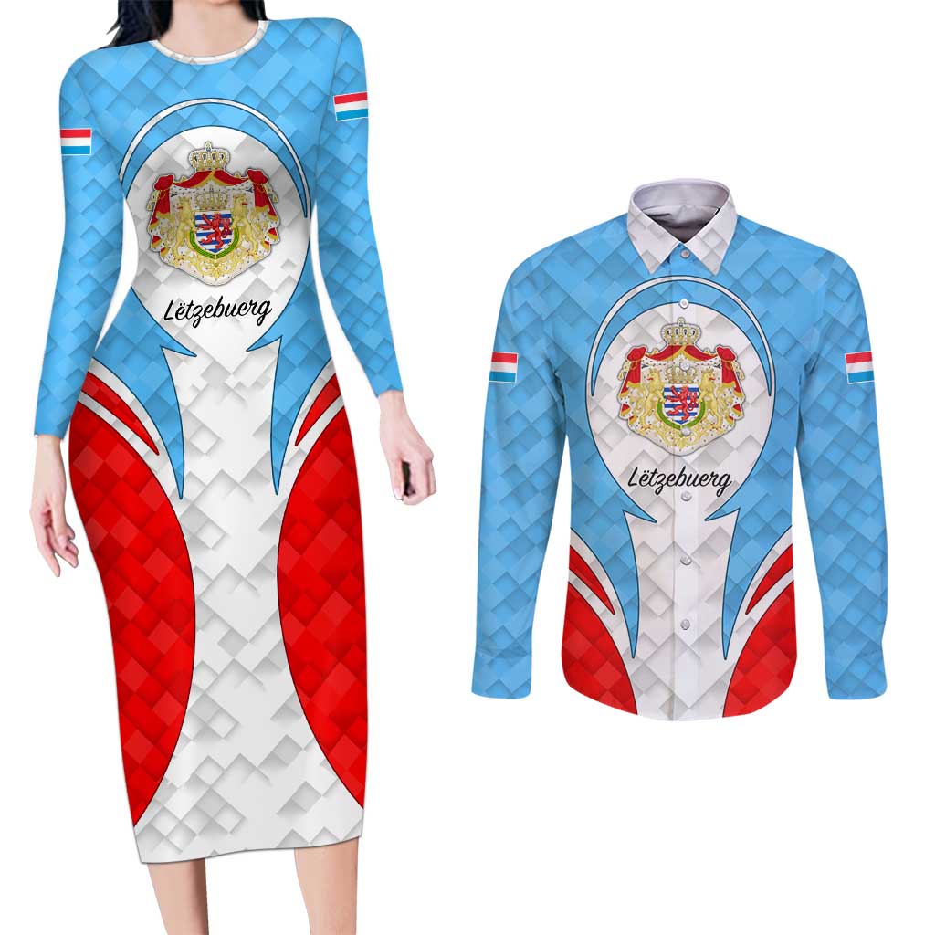 Luxembourg Couples Matching Long Sleeve Bodycon Dress and Long Sleeve Button Shirt with National Coat of Arms and Letzebuerg Text Design