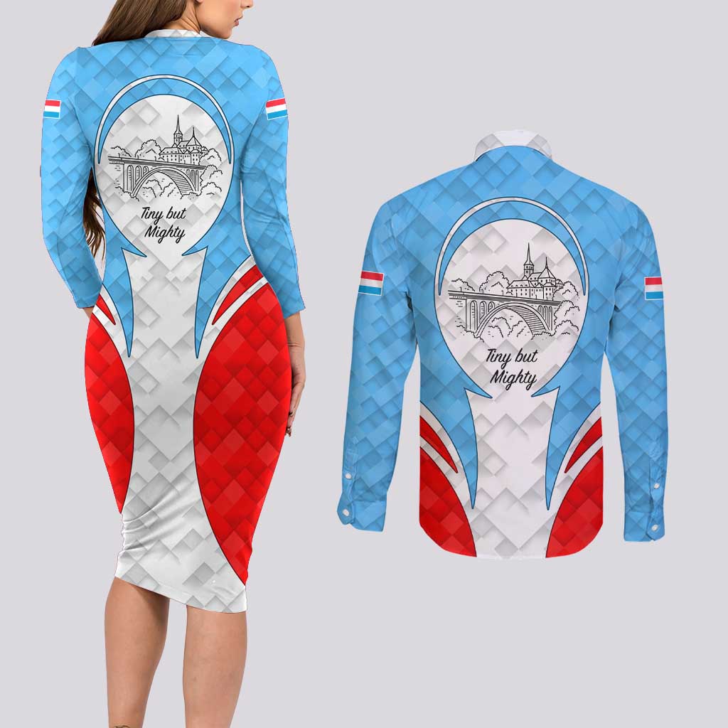 Luxembourg Couples Matching Long Sleeve Bodycon Dress and Long Sleeve Button Shirt with National Coat of Arms and Letzebuerg Text Design