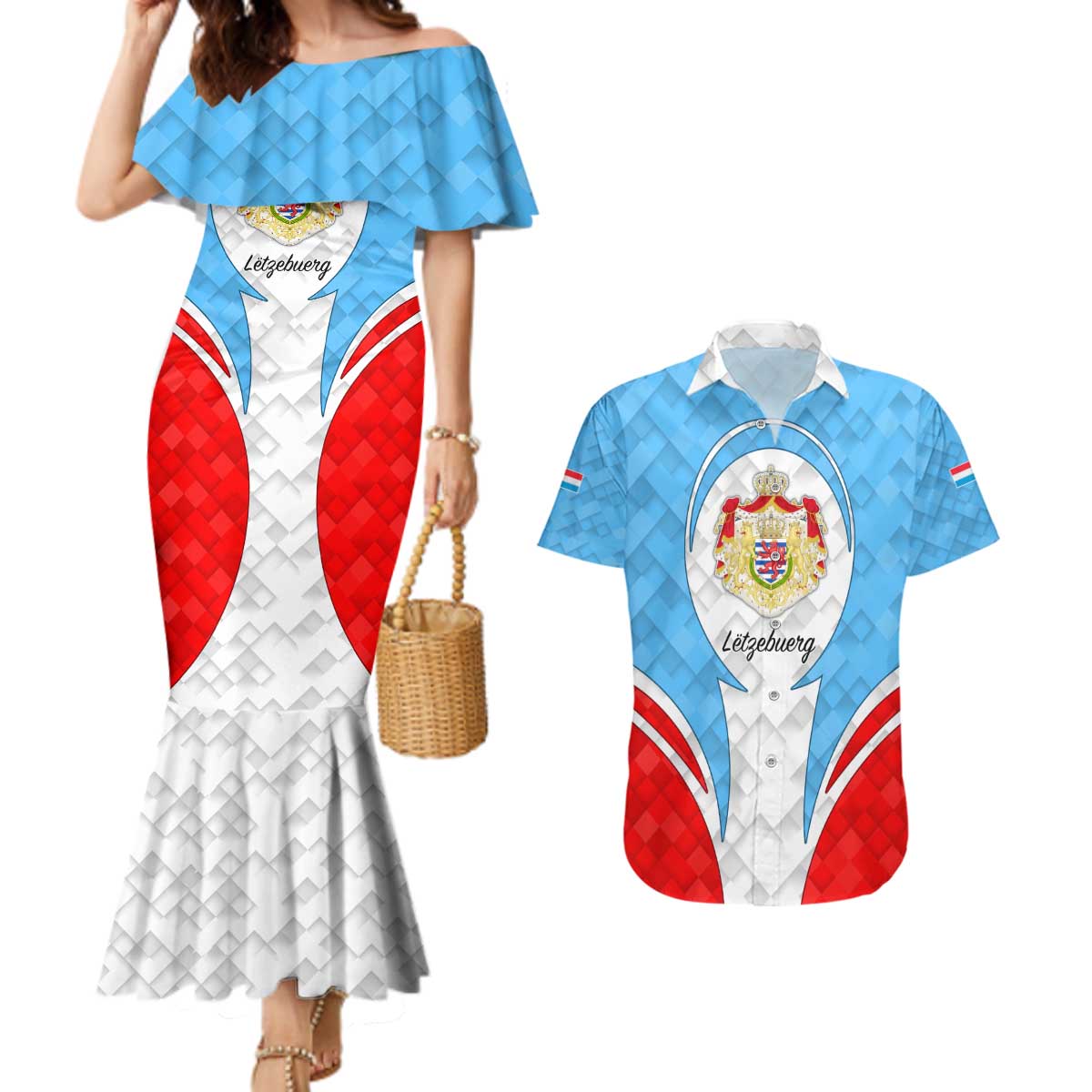 Luxembourg Couples Matching Mermaid Dress and Hawaiian Shirt with National Coat of Arms and Letzebuerg Text Design