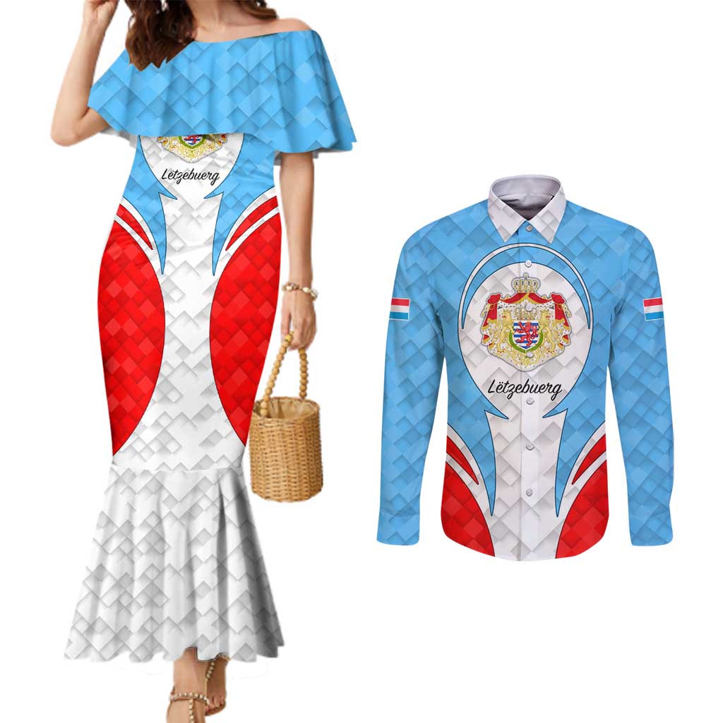 Luxembourg Couples Matching Mermaid Dress and Long Sleeve Button Shirt with National Coat of Arms and Letzebuerg Text Design