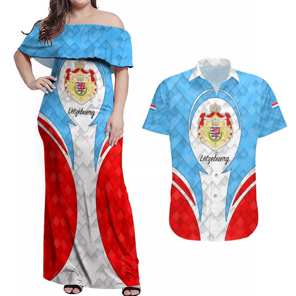 Luxembourg Couples Matching Off Shoulder Maxi Dress and Hawaiian Shirt with National Coat of Arms and Letzebuerg Text Design