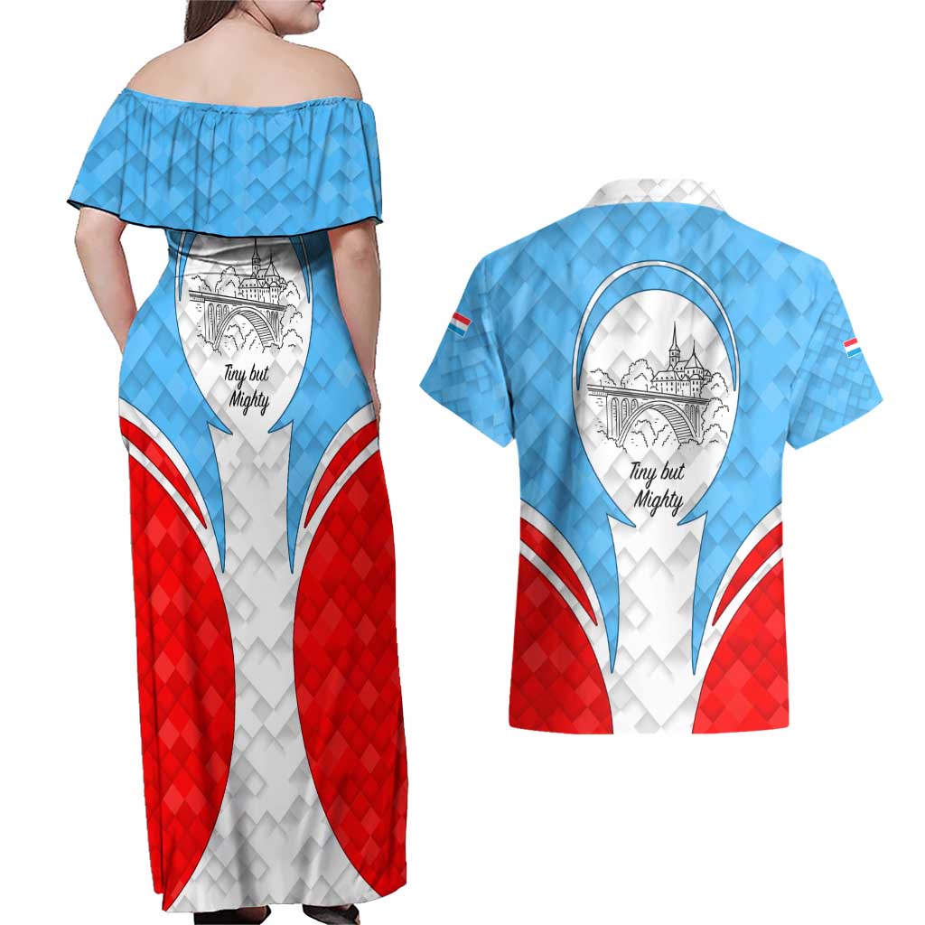 Luxembourg Couples Matching Off Shoulder Maxi Dress and Hawaiian Shirt with National Coat of Arms and Letzebuerg Text Design