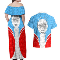 Luxembourg Couples Matching Off Shoulder Maxi Dress and Hawaiian Shirt with National Coat of Arms and Letzebuerg Text Design