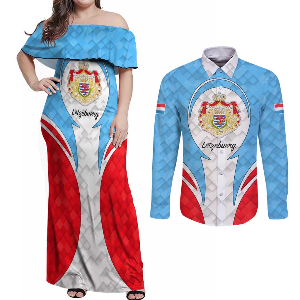 Luxembourg Couples Matching Off Shoulder Maxi Dress and Long Sleeve Button Shirt with National Coat of Arms and Letzebuerg Text Design