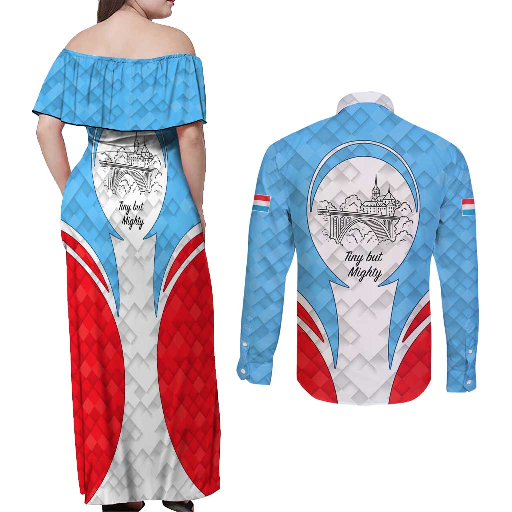 Luxembourg Couples Matching Off Shoulder Maxi Dress and Long Sleeve Button Shirt with National Coat of Arms and Letzebuerg Text Design