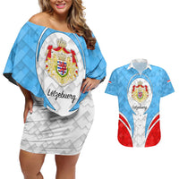 Luxembourg Couples Matching Off Shoulder Short Dress and Hawaiian Shirt with National Coat of Arms and Letzebuerg Text Design