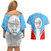Luxembourg Couples Matching Off Shoulder Short Dress and Hawaiian Shirt with National Coat of Arms and Letzebuerg Text Design