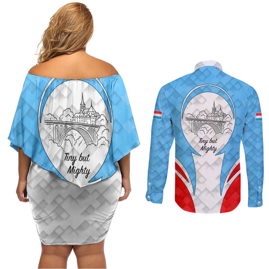 Luxembourg Couples Matching Off Shoulder Short Dress and Long Sleeve Button Shirt with National Coat of Arms and Letzebuerg Text Design