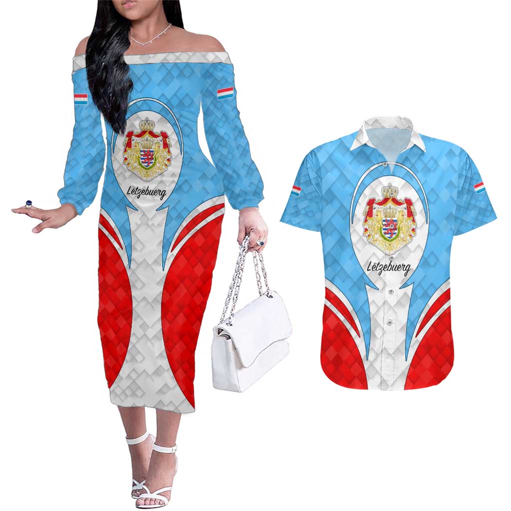 Luxembourg Couples Matching Off The Shoulder Long Sleeve Dress and Hawaiian Shirt with National Coat of Arms and Letzebuerg Text Design