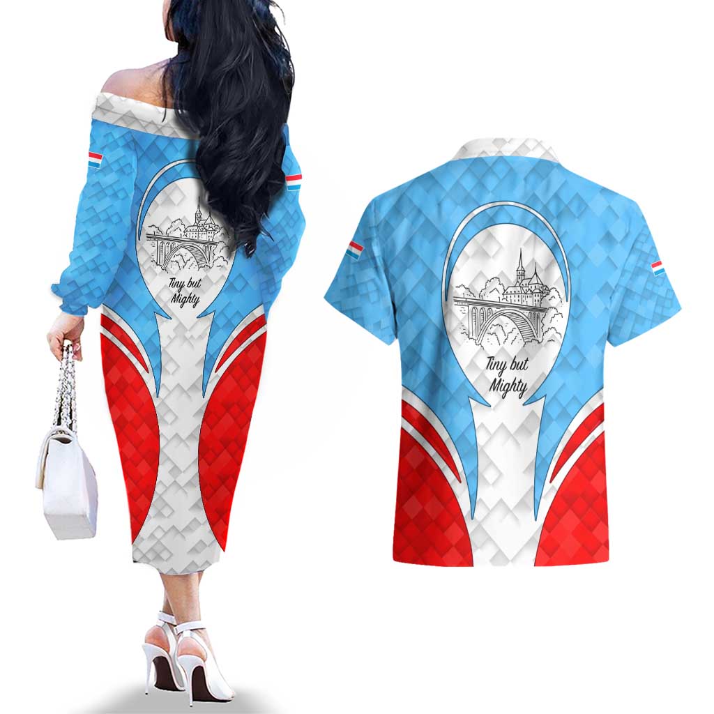 Luxembourg Couples Matching Off The Shoulder Long Sleeve Dress and Hawaiian Shirt with National Coat of Arms and Letzebuerg Text Design