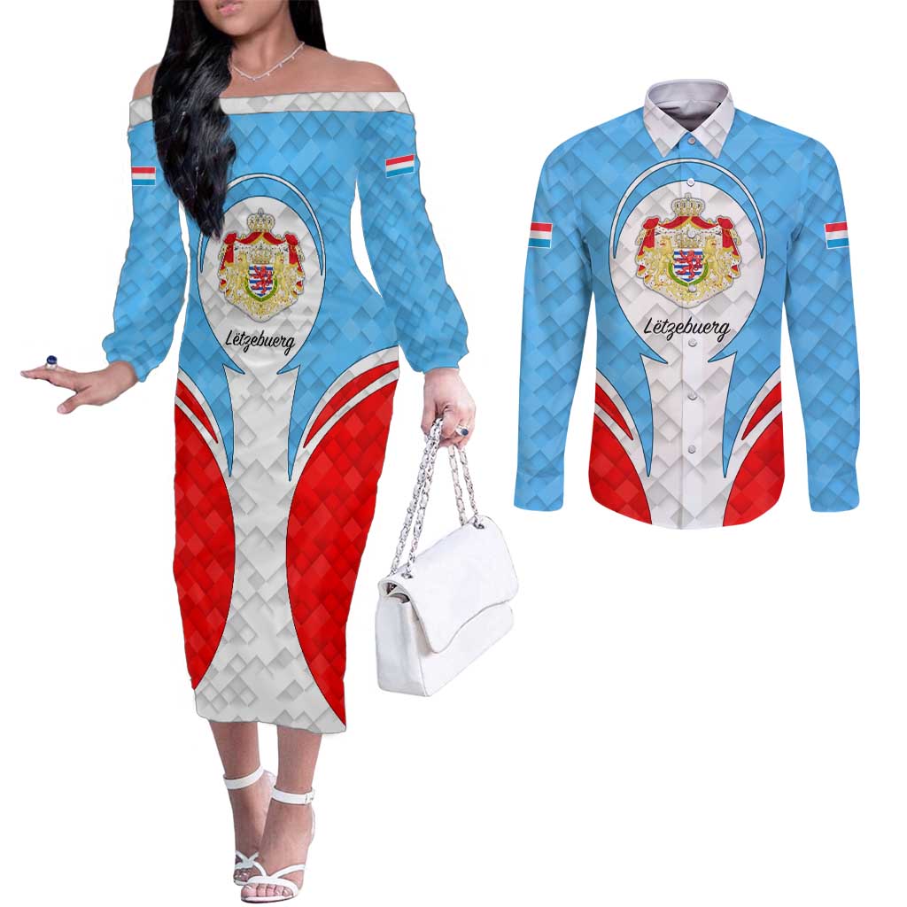 Luxembourg Couples Matching Off The Shoulder Long Sleeve Dress and Long Sleeve Button Shirt with National Coat of Arms and Letzebuerg Text Design