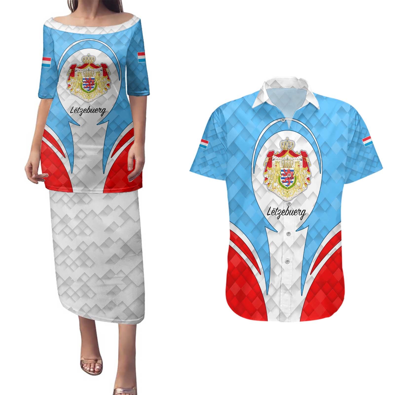 Luxembourg Couples Matching Puletasi and Hawaiian Shirt with National Coat of Arms and Letzebuerg Text Design