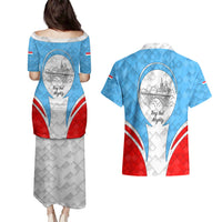 Luxembourg Couples Matching Puletasi and Hawaiian Shirt with National Coat of Arms and Letzebuerg Text Design