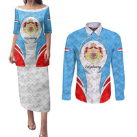 Luxembourg Couples Matching Puletasi and Long Sleeve Button Shirt with National Coat of Arms and Letzebuerg Text Design
