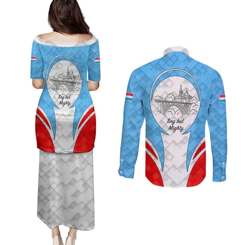 Luxembourg Couples Matching Puletasi and Long Sleeve Button Shirt with National Coat of Arms and Letzebuerg Text Design