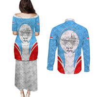 Luxembourg Couples Matching Puletasi and Long Sleeve Button Shirt with National Coat of Arms and Letzebuerg Text Design