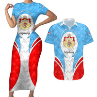 Luxembourg Couples Matching Short Sleeve Bodycon Dress and Hawaiian Shirt with National Coat of Arms and Letzebuerg Text Design